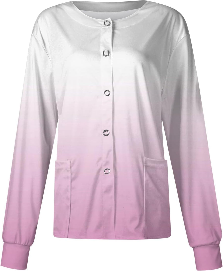 Scrub Jacket Printed Nurse Jackets Long Sleeve Button Down Plus Size Scrubs Medical Work Uniform with Pocket S-5XL - 03-white
