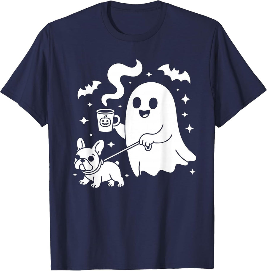 Ghost Walking Dog French Bulldog Coffee Halloween Costume T-Shirt - Navy Blue