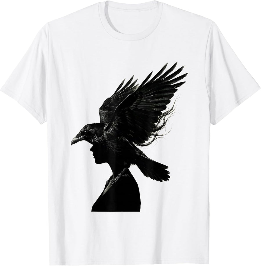 Men's Crow and Woman Shared Shadow Gothic Art T-Shirt - White
