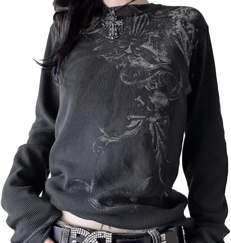 Womens Y2K Gothic Graphic Ribbed Sweatshirts Vintage Punk Long Sleeve Tops Grunge Streetwear Going Out Clothes - Black1