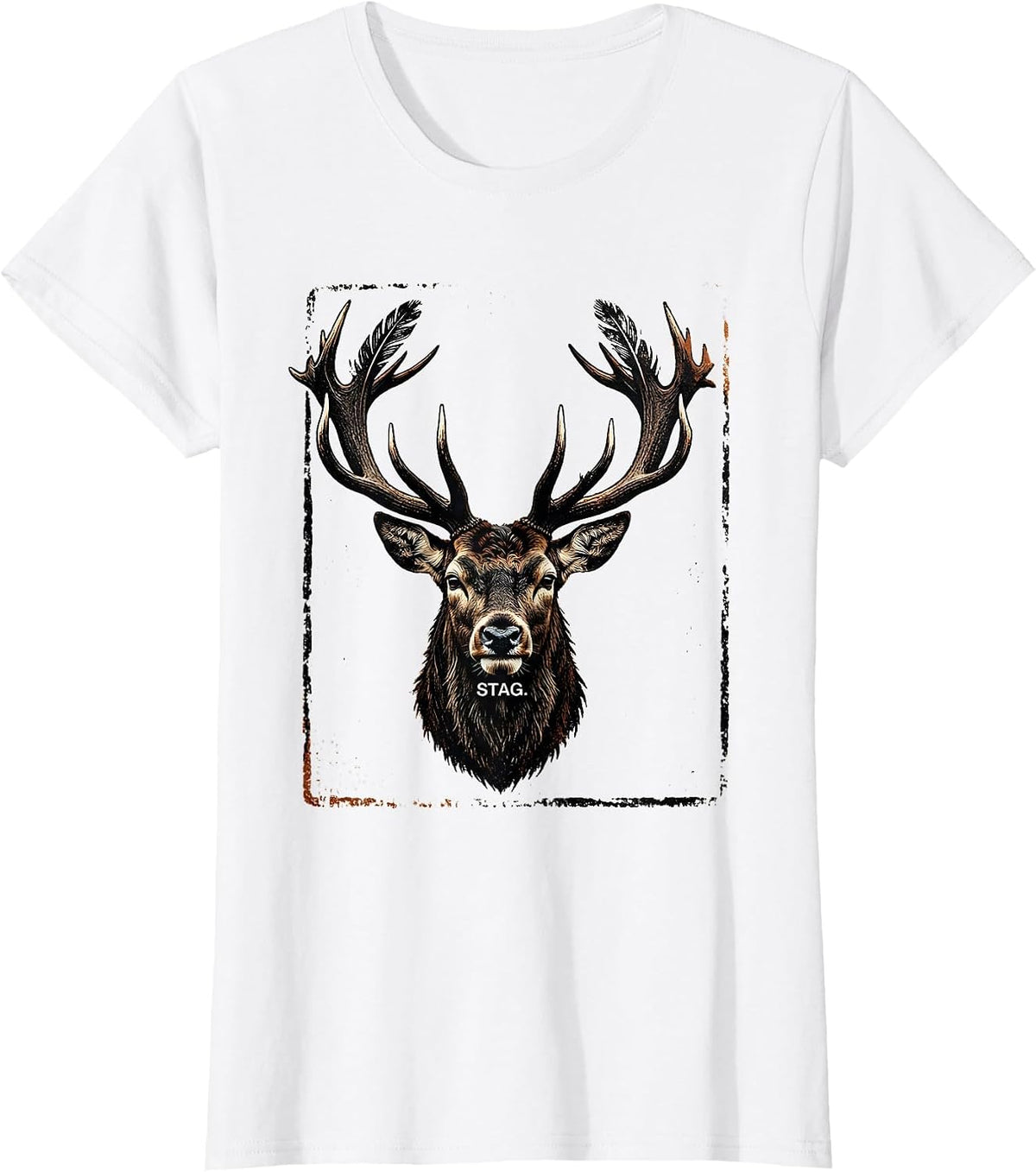 Women's Stag Rubber Stamp Graphic Tee Unisex Casual T-Shirt - White