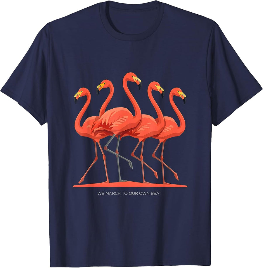 We March To Our Own Beat Funny Flamingo Animal Humor T-Shirt - Navy Blue