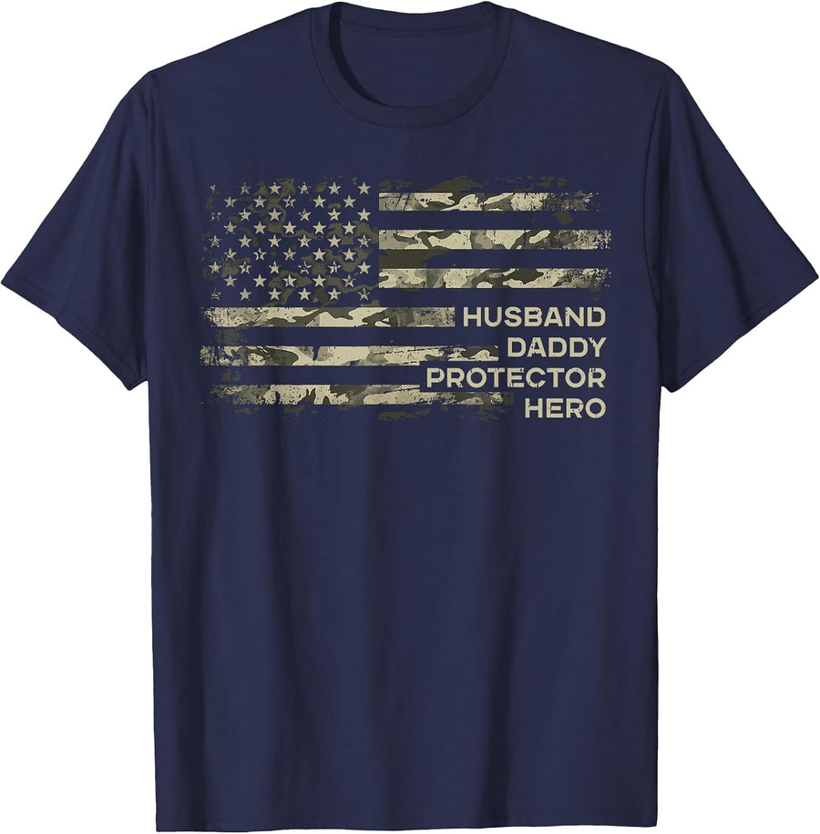 Husband Daddy Protector Hero Camo Flag Fathers Day Patriotic T-Shirt - Navy Blue