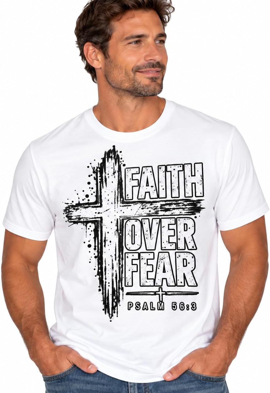 Faith Over Fear Cross Design T-Shirt | Psalm 56:3 Christian Shirt - White