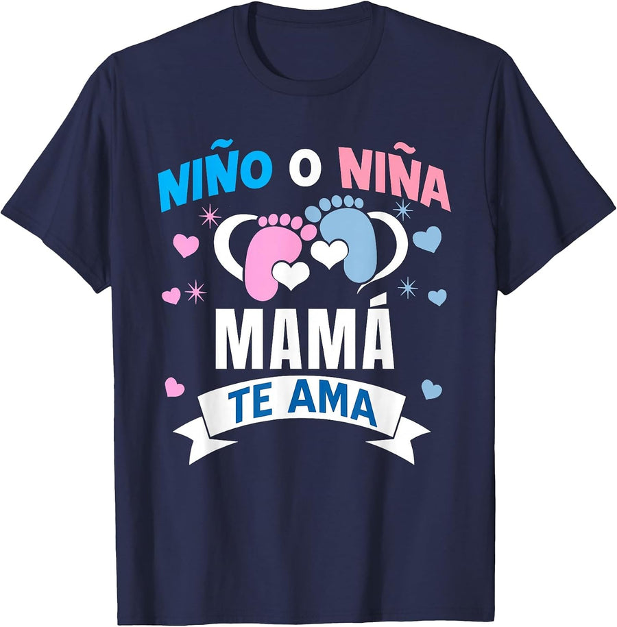 Niño o Niña Mamá Te AMA Gender Reveal in Spanish Mom T-Shirt - Navy Blue