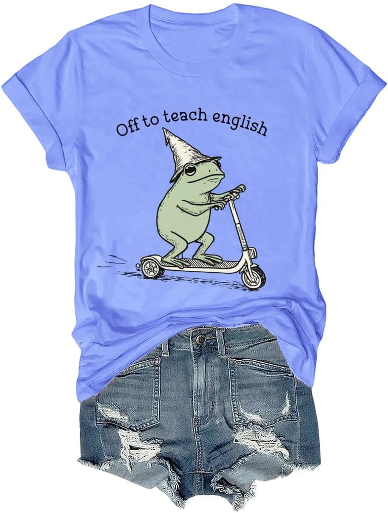 Off to Teach English T-Shirt, English Teacher Frog Tee, Back to School Classroom Humor Shirt - Crewneck Carolina Blue