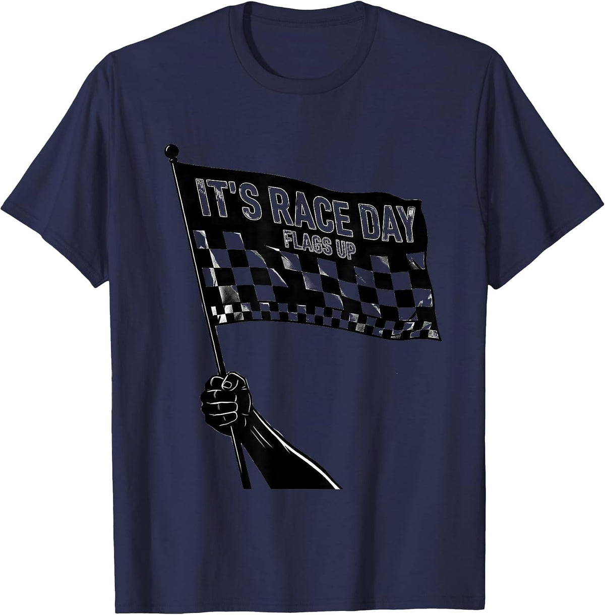 Men's It's Race Day, Flags Up Vintage Checkered Flag Racing Fan T-Shirt - Navy Blue