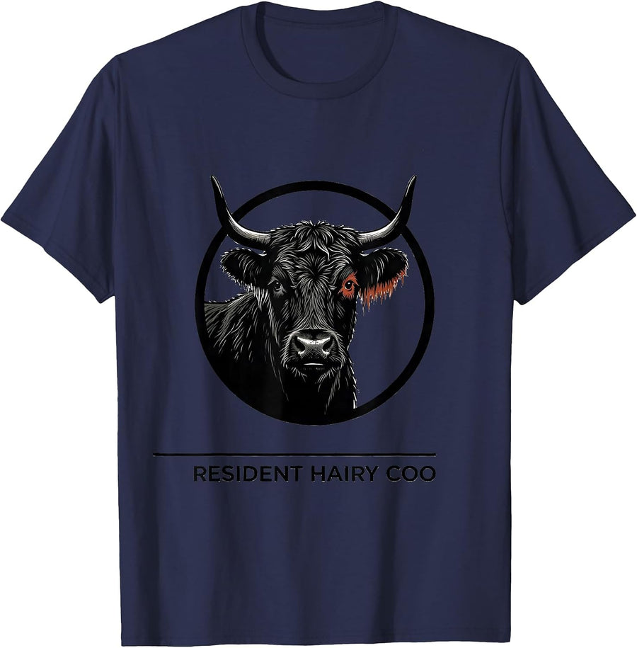Resident Hairy Coo Funny Highland Cow Humor Scottish Cow T-Shirt - Navy Blue