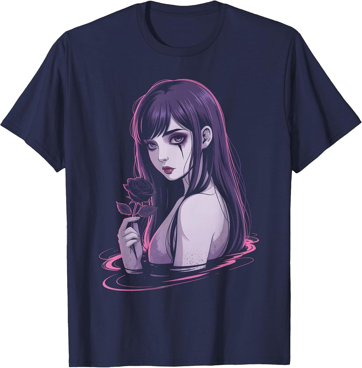 Horror Anime Manga Japanese Creepy Kawaii Goth Grunge Waifu T-Shirt - Navy Blue