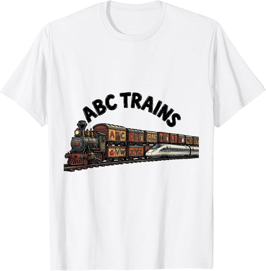 Men's ABC Trains Bold Alphabet A-Z Learning Kids Letters Rail T-Shirt - White