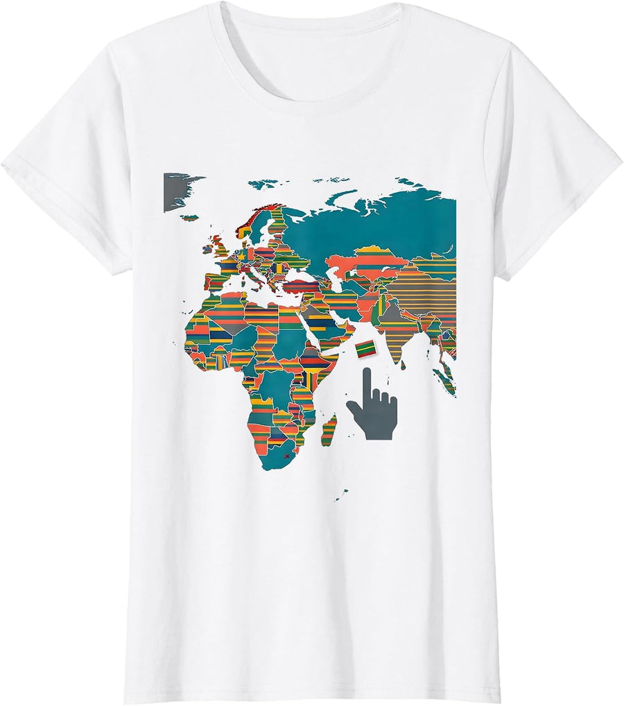 Women's World Flags Map Geography Enthusiast Flat Vector Design T-Shirt - White