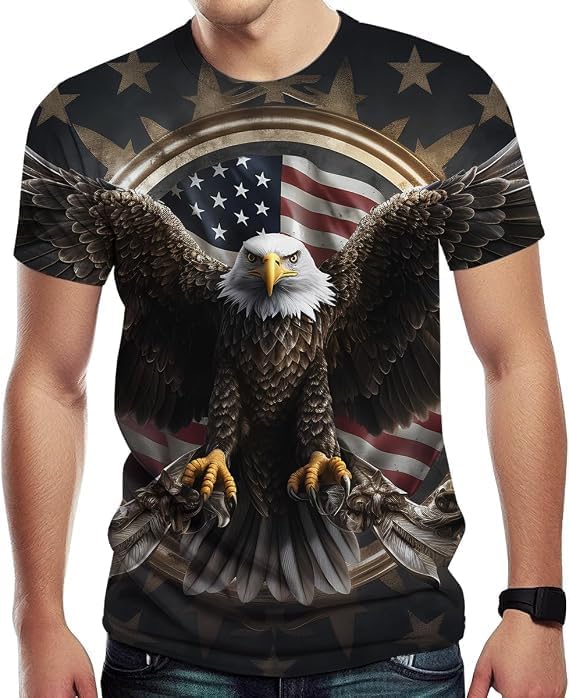 Men's American Flag Graphic T Shirt Patriotic Eagle Skull USA Independence Day Short Sleeve Crewneck Tee - Brown