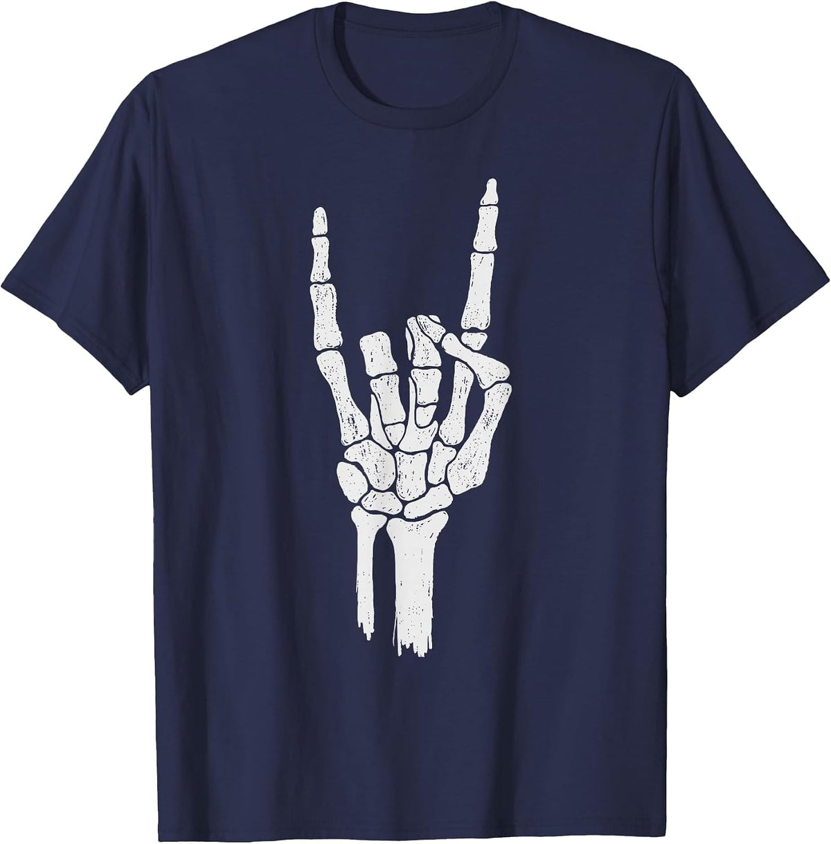 Skeleton Hand Shirt | Devil Horns Rock Hand Gesture Tee T-Shirt - Navy Blue