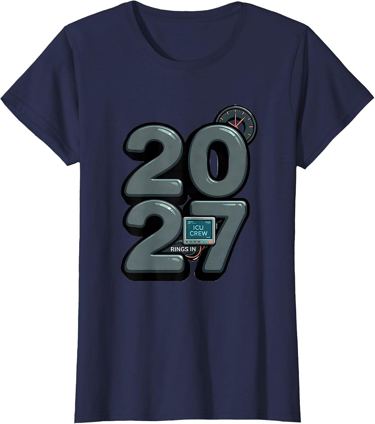 Women's ICU Crew Rings In 2027 Funny Nurse Crew New Years Eve Party T-Shirt - Navy Blue