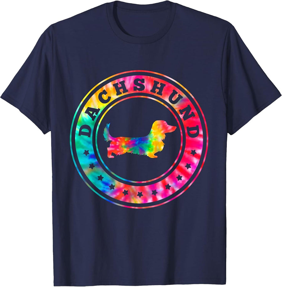 Tie Dye Long Hair Dachshund Dog Mom Dad Pet Lover T-Shirt - Navy Blue