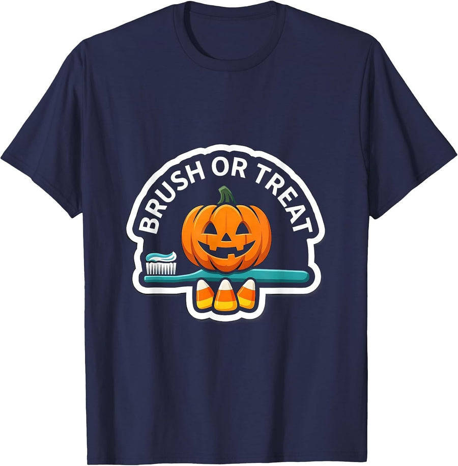 Brush Or Treat Funny Dental Hygienist Halloween Costume T-Shirt - Navy Blue