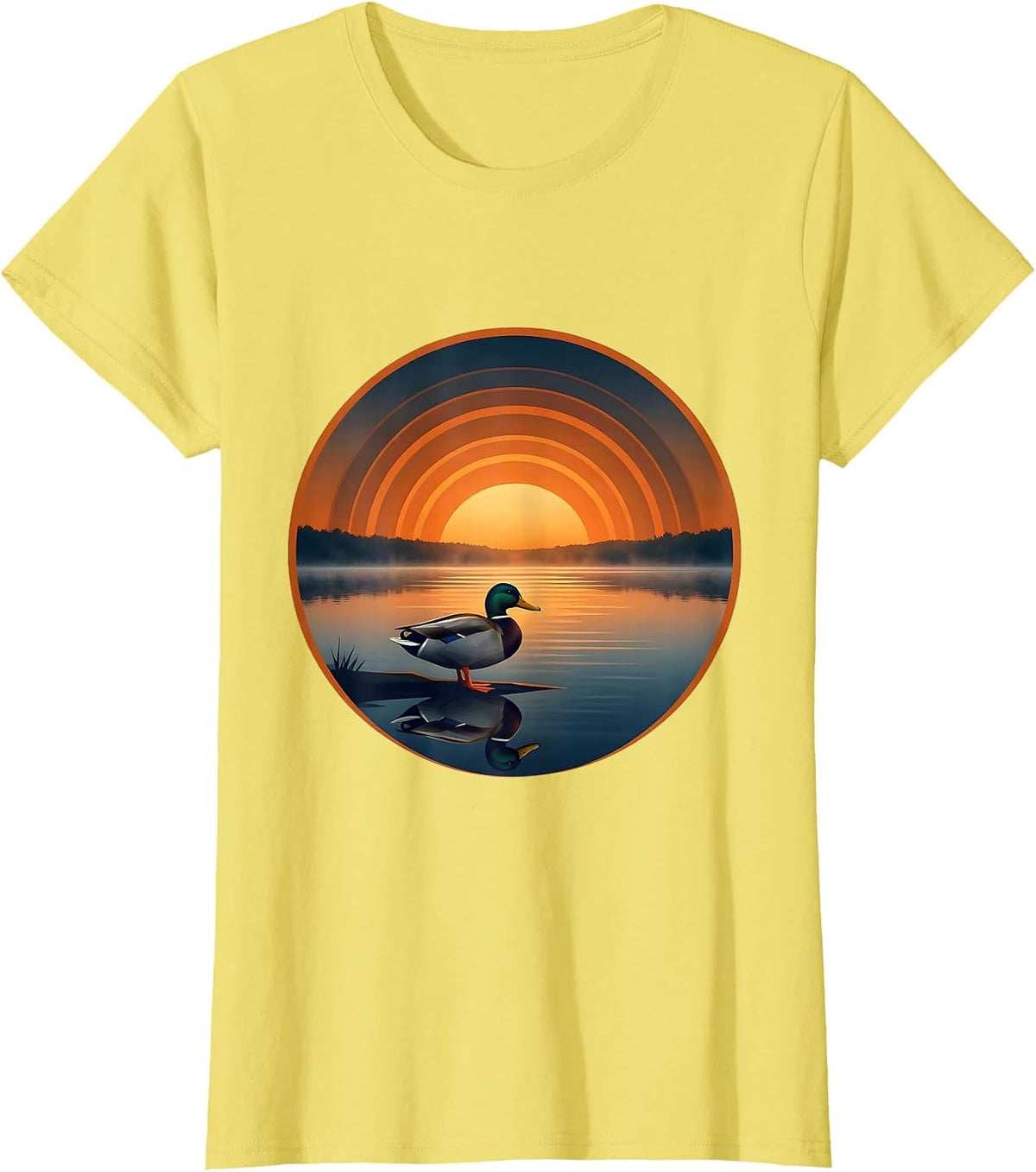 Women's Duck Silhouette Misty Sunrise Lake Graphic T-Shirt - Lemon Yellow