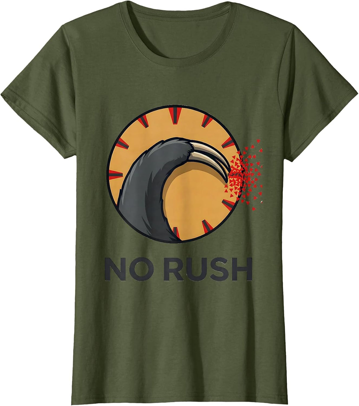 Women's No Rush Funny Sloth Lover Lazy Life Deadpan Humor T-Shirt - Olive Green