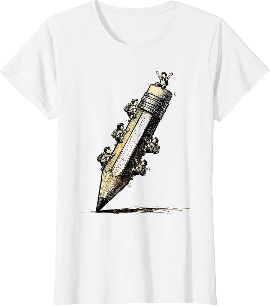 Women's Tiny Students Climbing Giant Pencil Teacher Gift T-Shirt - White