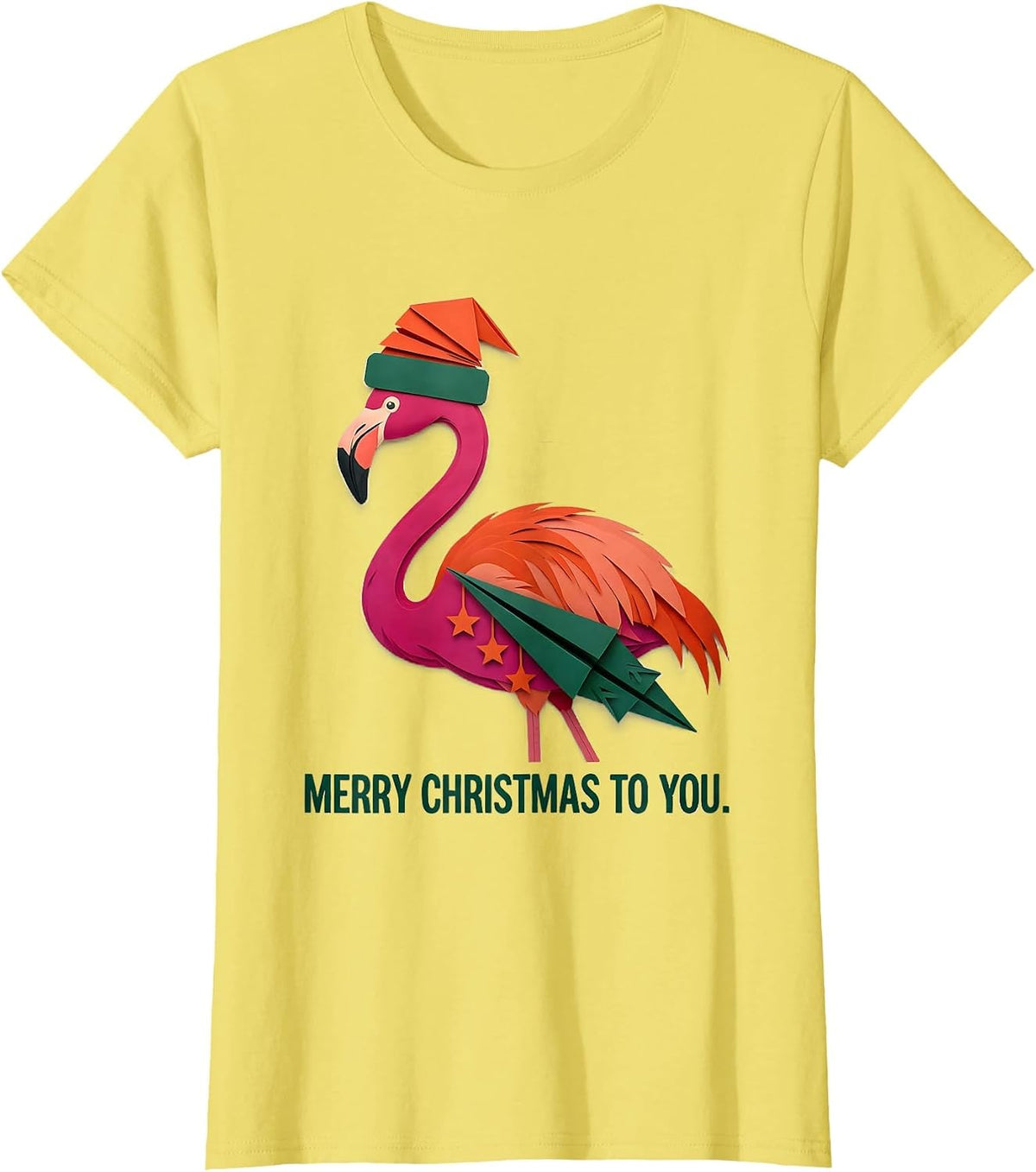 Women's Merry Christmas To You Funny Pink Flamingo Santa Hat Paper T-Shirt - Lemon Yellow