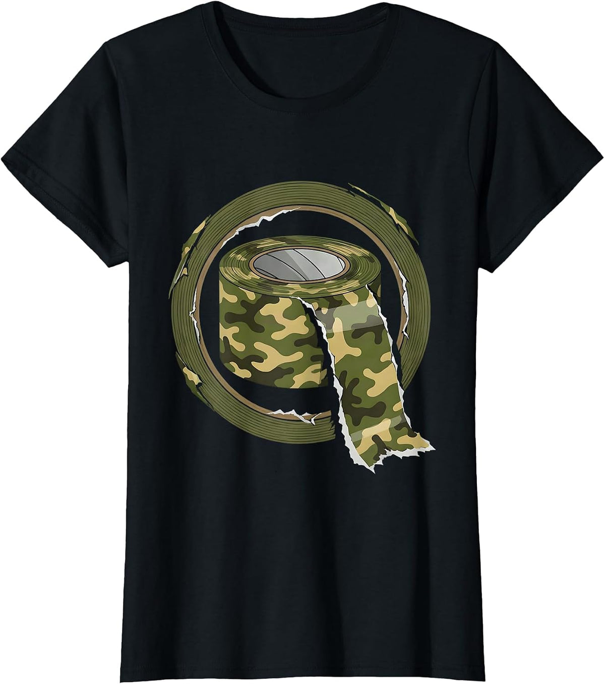 Women's Camo Duck Tape Roll Unrolling Graphic Tee T-Shirt - Black
