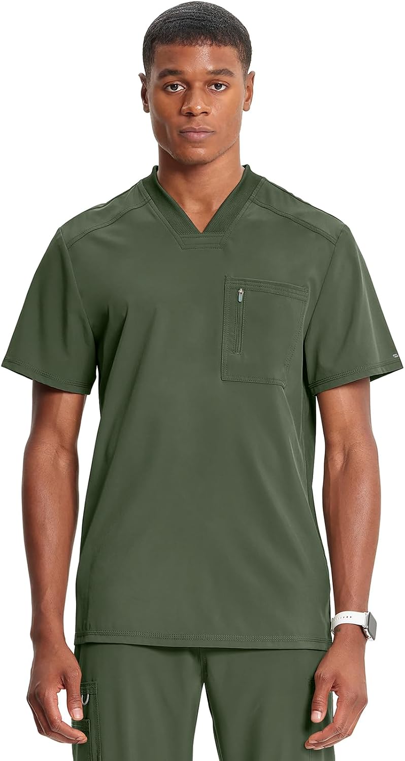 Cherokee Infinity Mens Scrubs Top V-Neck Modern Fit 2 Pocket 360° Stretch - Olive