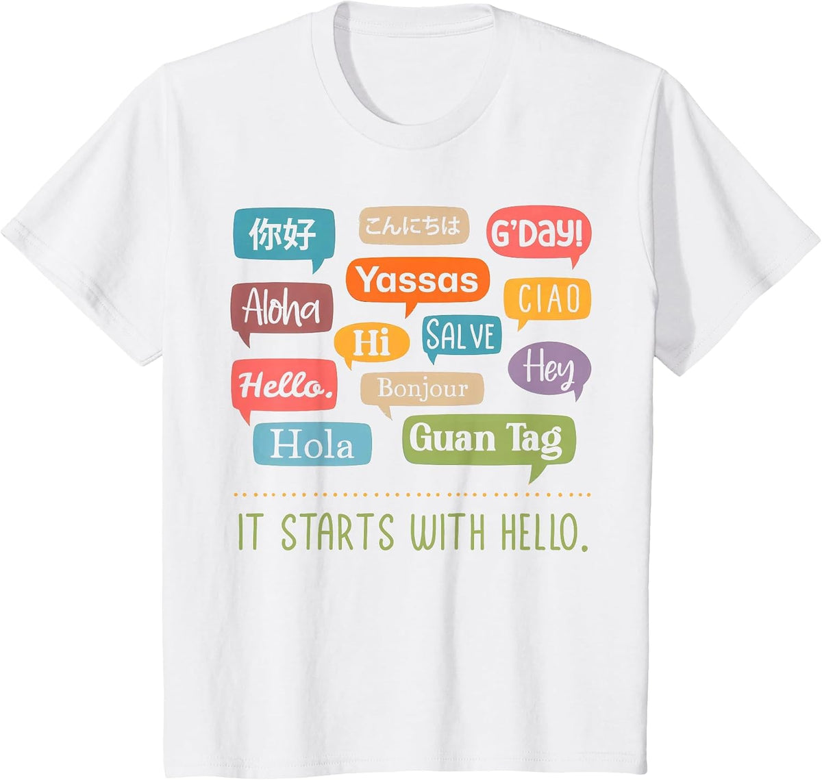 It Starts with Hello Friendship Unity Inclusion Teacher T-Shirt Tee for Educators - White
