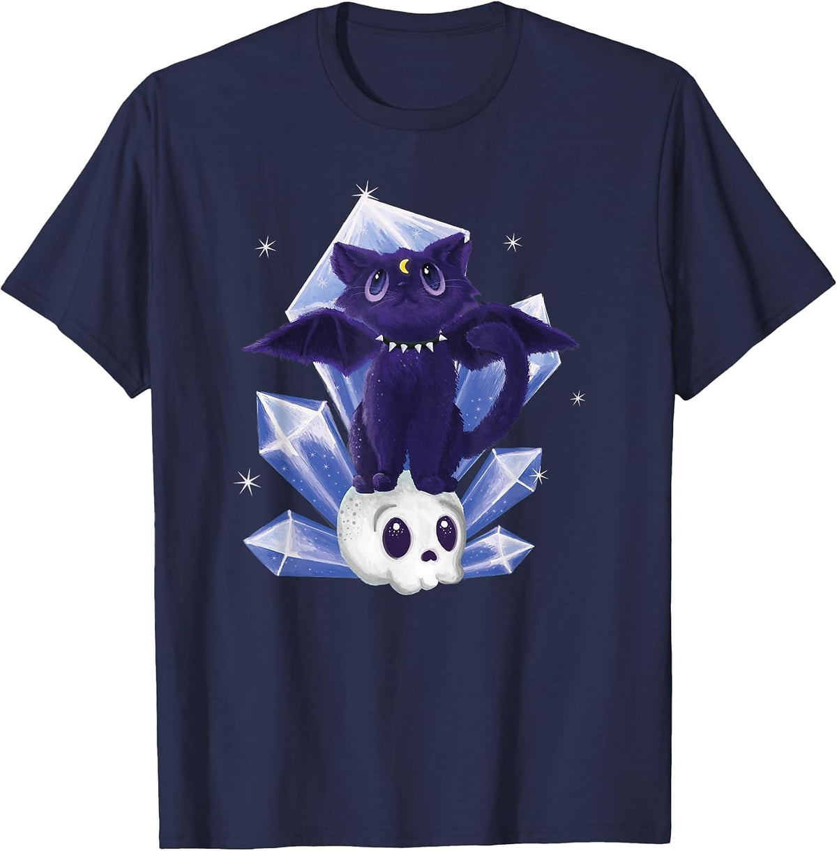 Kawaii Pastel Goth Cute Creepy Witchy Cat and Skull T-Shirt - Navy Blue