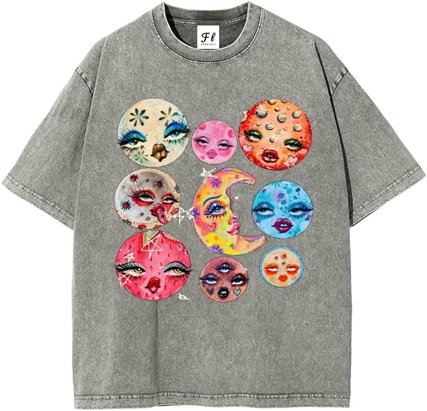 Trippy Face Moon Planet Art Vintage Washed Graphic Tee - Lightgray