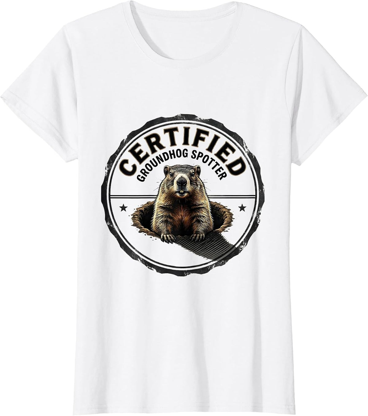 Certified Groundhog Spotter Vintage Emblem Humor Groundhog T-Shirt - White