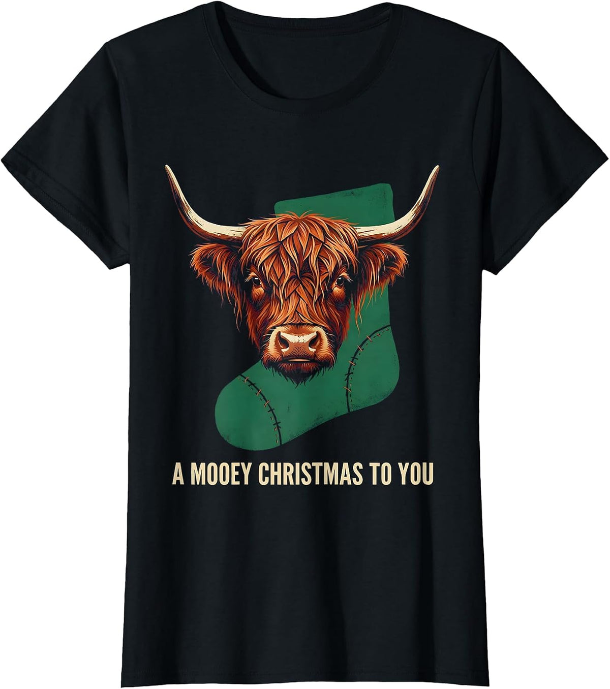 A Mooey Christmas To You Funny Highland Cow Farm Animal T-Shirt - Black