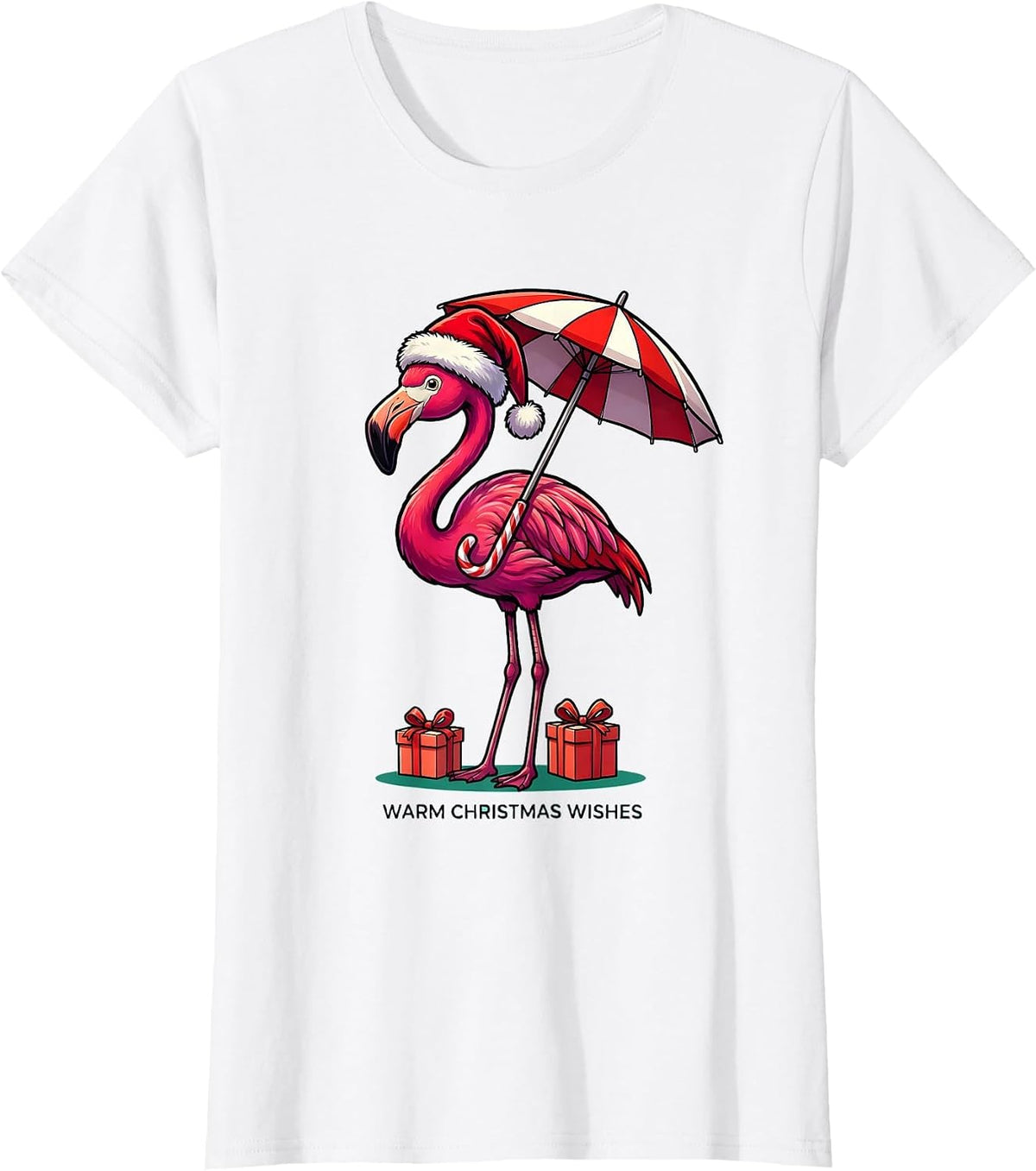 Warm Christmas Wishes Cartoon Pink Flamingo Santa Hat Funny T-Shirt - White