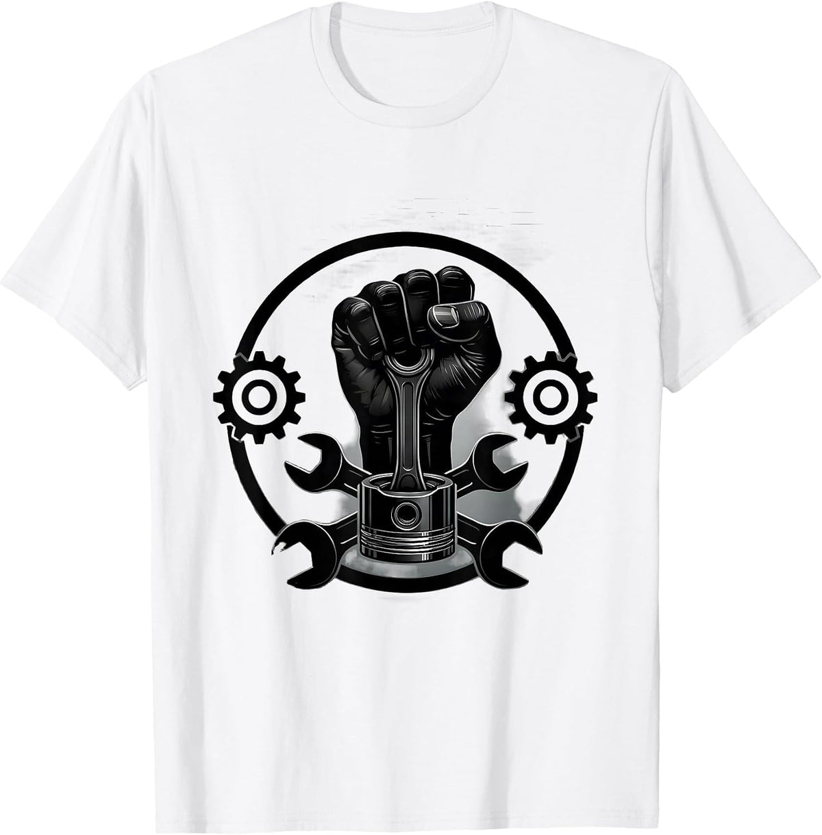 Men's Mechanic Hand Gripping Engine Piston Graphic Tee T-Shirt - White
