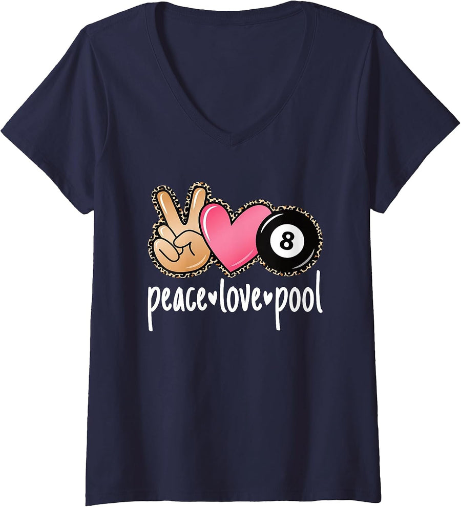 Women's Peace Love Pool Cute Billiard Pool Lover Women Girls V-Neck T-Shirt - Navy Blue