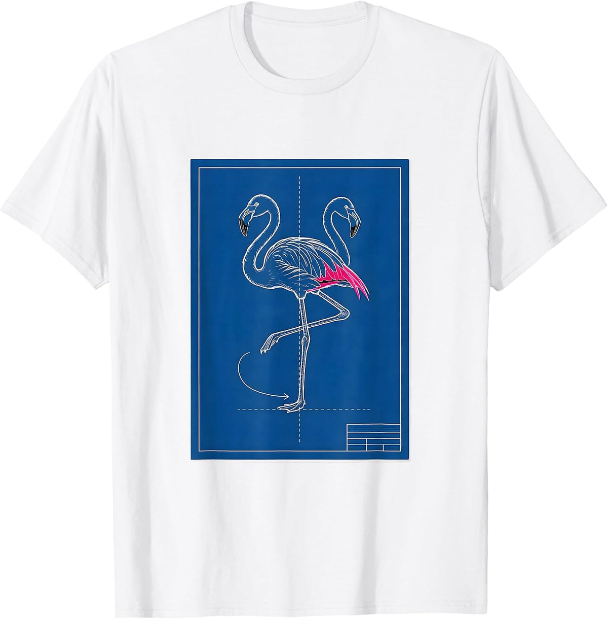 Men's Flamingo Drafting Sheet Technical Blueprint Bird Humor T-Shirt - White