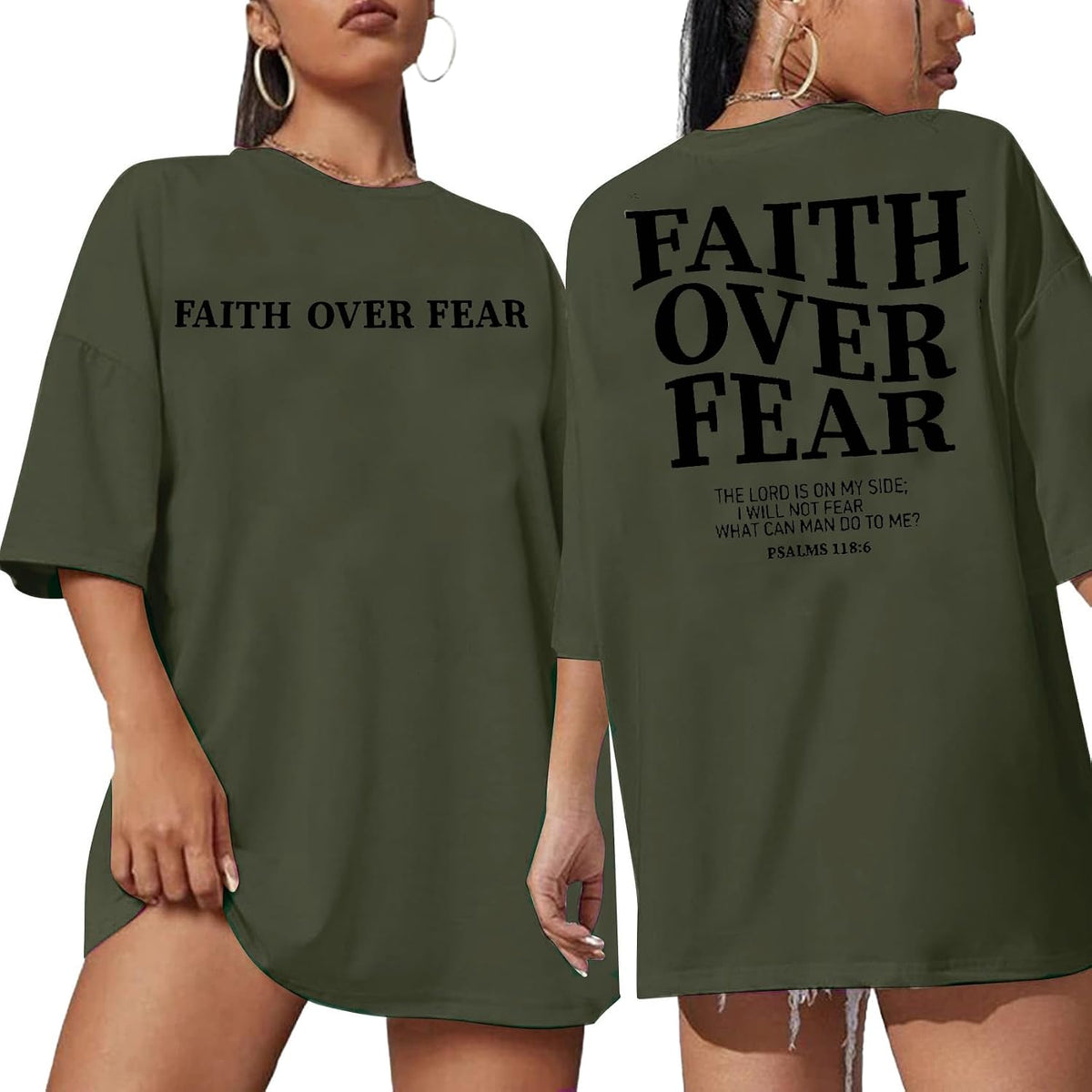 Faith Over Fear Tee Shirt Women Oversized Christian Religious Sayings Tshirts Short Sleeve Tee Tops - Green