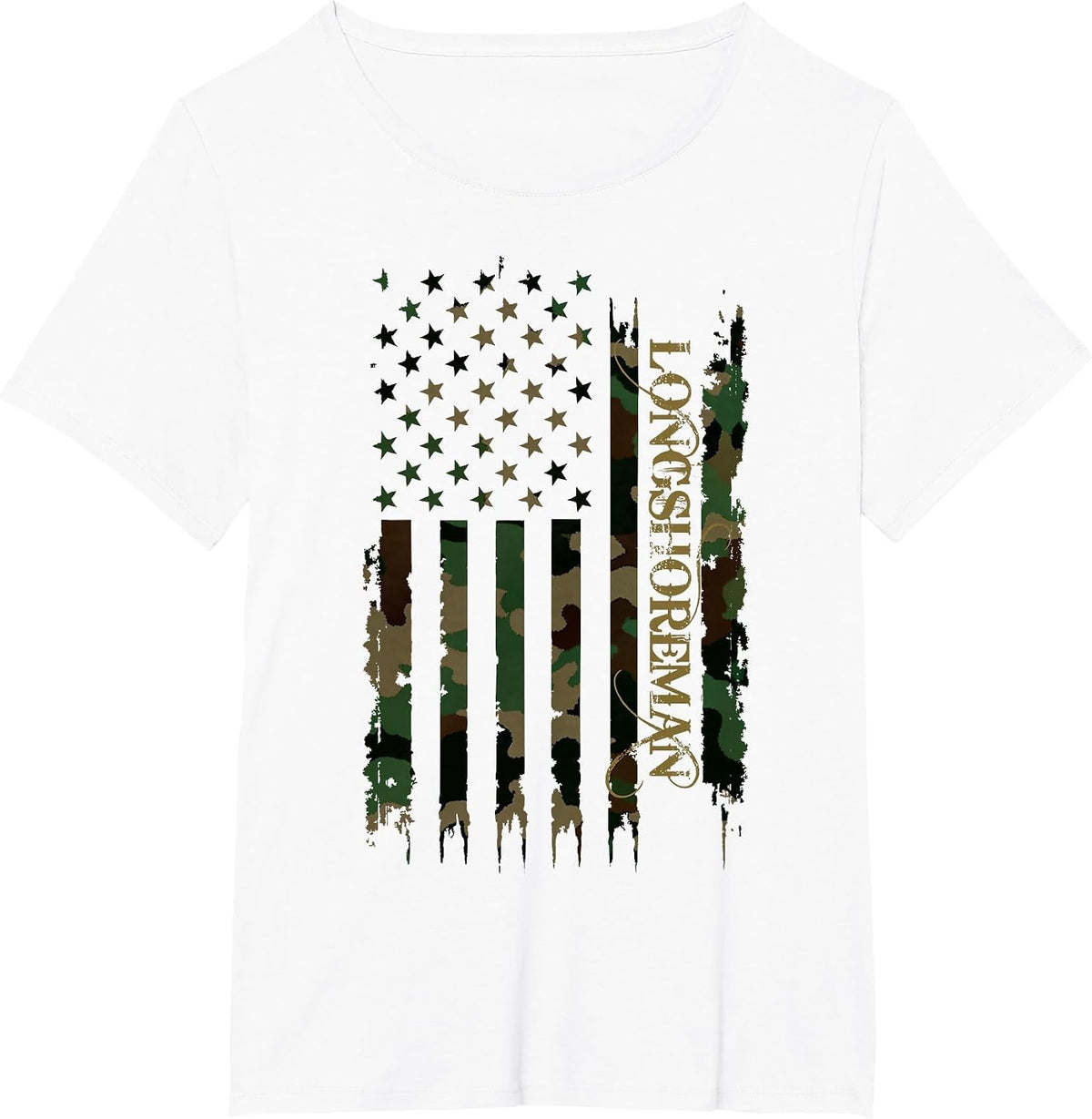 Longshoreman United States Distressed Camo w US Flag T-Shirt - White