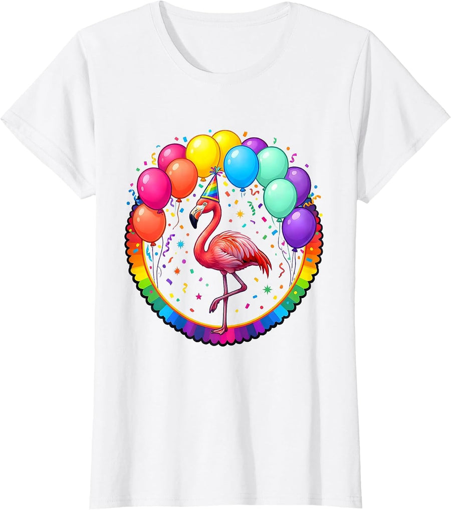 Women's Flamingo Birthday Hat Balloons Celebration Design T-Shirt - White
