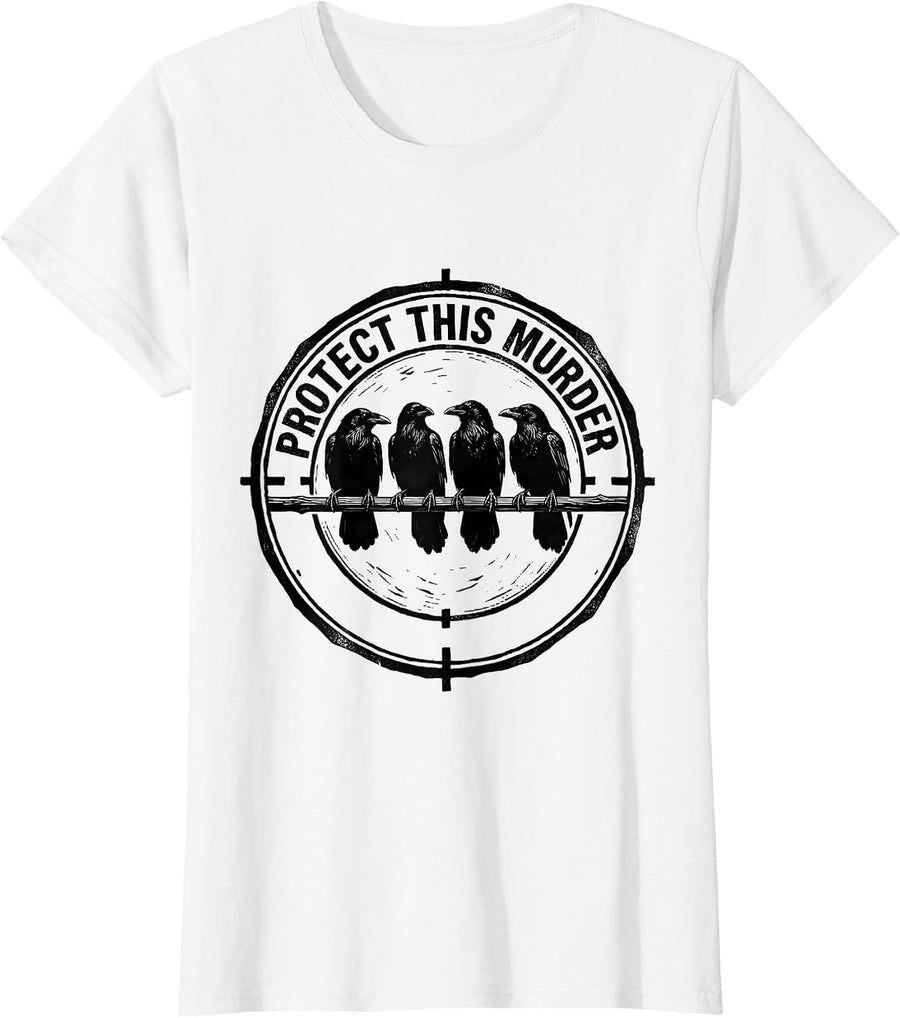 Women's Protect This Murder Linocut Crow Pun Bird Lover Humor T-Shirt - White