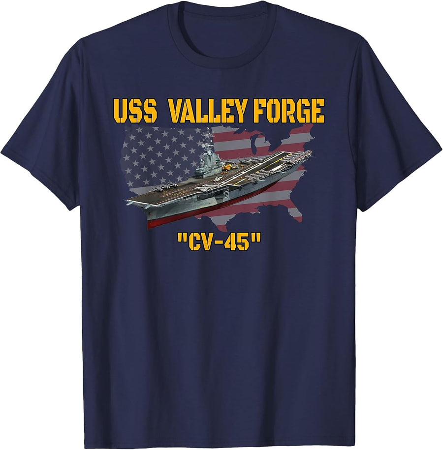 Aircraft Carrier USS Valley Forge CV-45 Veterans Day Fathers T-Shirt - Navy Blue