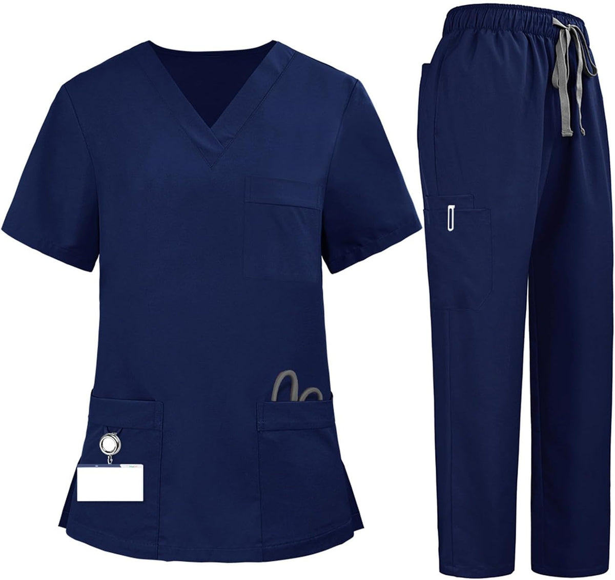 2 Pcs Scrubs Sets for Women Stretch Wide Leg Pants & V-Neck Short Sleeve Tops Plus Size Medical Scrub Sets - Navy