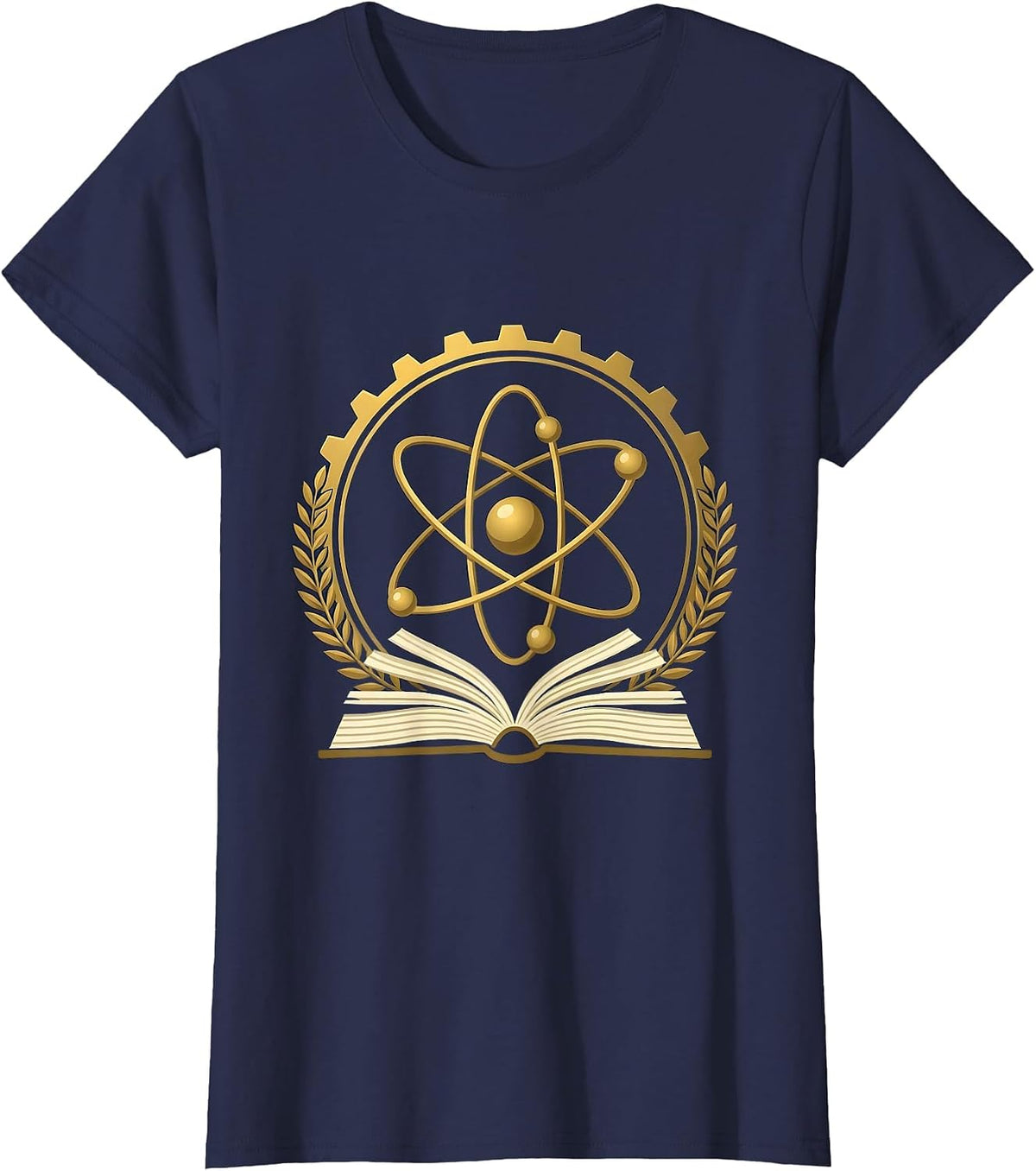 Women's Science Teacher Atom Model Over Textbook Graphic T-Shirt - Navy Blue