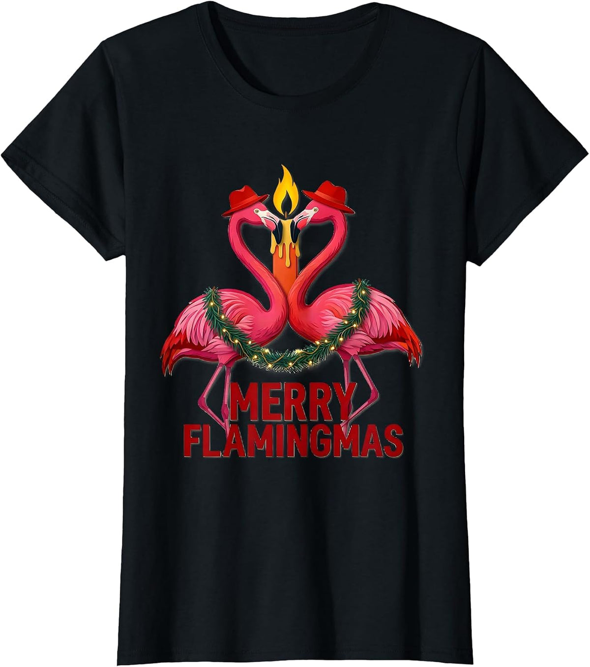 Merry Flamingmas Pink Flamingo Christmas Pun Holiday Pajamas T-Shirt - Black