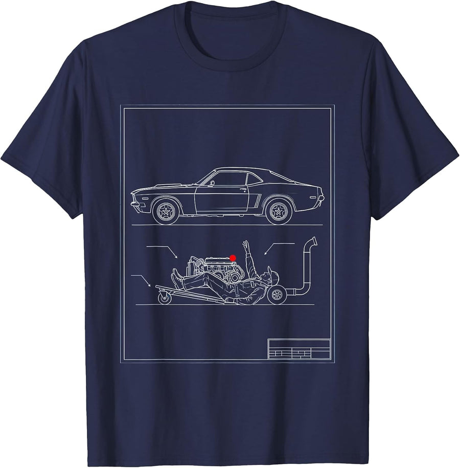 Classic Car Mechanic Creeper Garage Illustration T-Shirt - Navy Blue