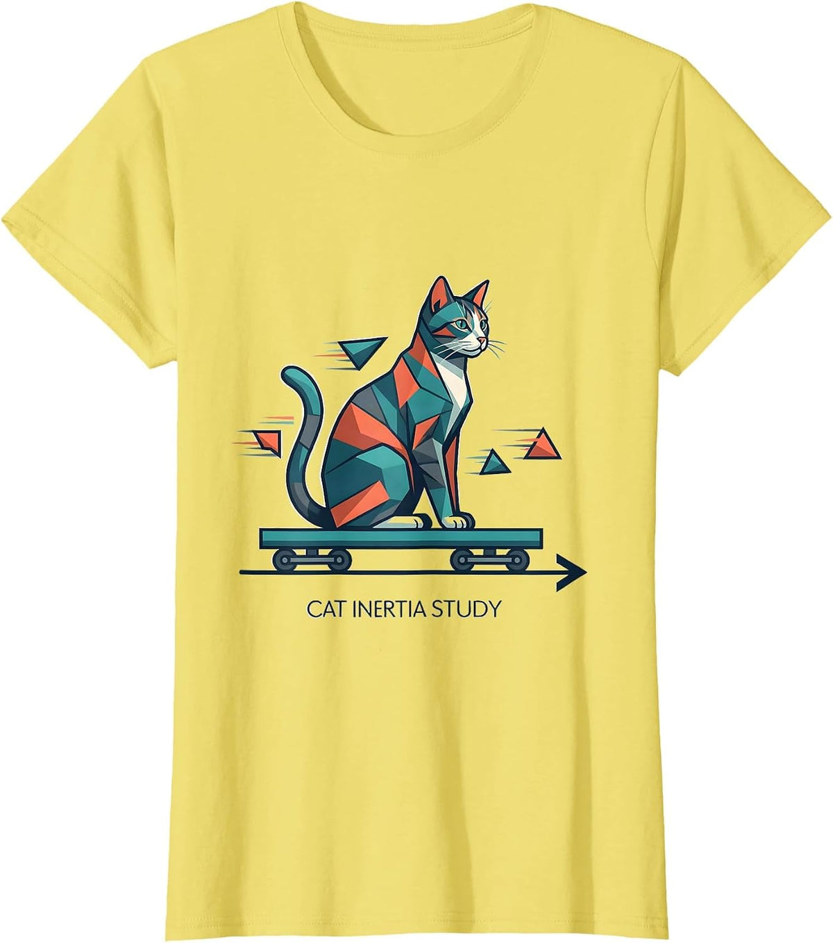Cat Inertia Study Funny Science Cat Teacher Math Humor T-Shirt - Lemon Yellow