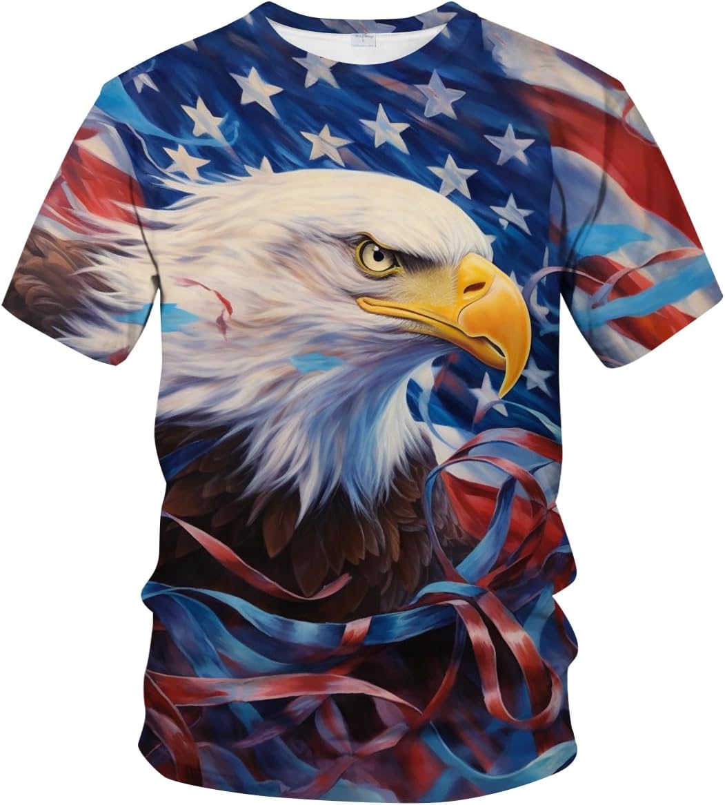 LAOLIUSN Men's 3D Eagle Print T-Shirt - Patriotic Theme,Animal Graphic Tee - White