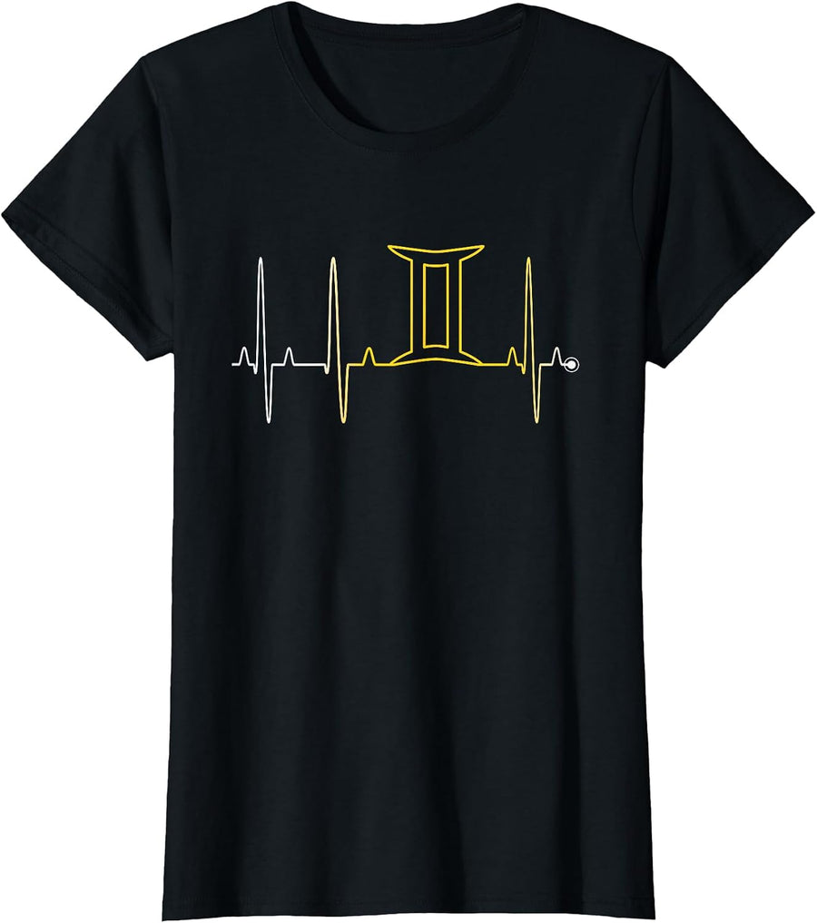 Gemini Zodiac Sign Astrology Heartbeat May June Birthday ECG T-Shirt - Black