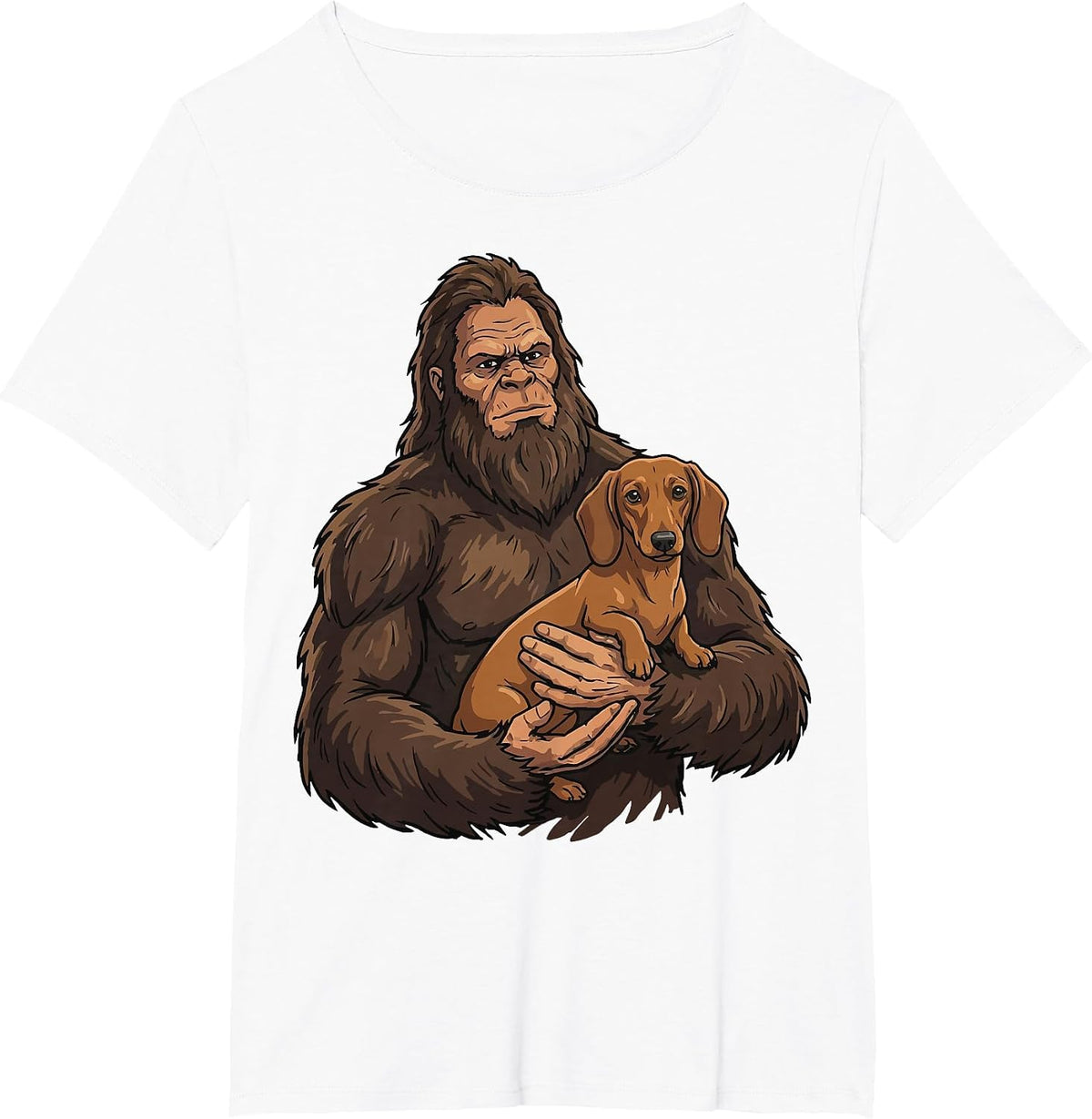 Bigfoot Holding Dachshund T-Shirt - White