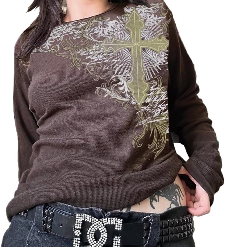 Y2K Grunge Graphic T-Shirt Women Vintage Goth Long Sleeve Pullovers Tops - Type 6