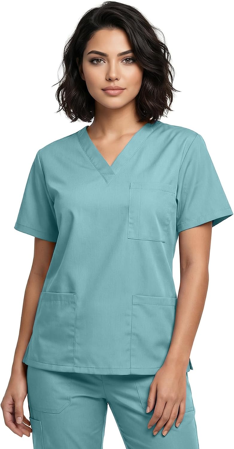 Natural Uniforms Unisex 3-Pocket Scrub Top, V-Neck Medical Nursing Shirt - Misty Green